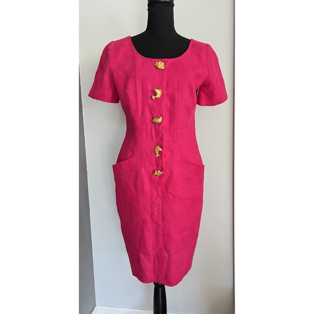 Vintage Linen Dress Size 8 Sheath Hot Pink Resort Cruise Fits Size 4 Or 6 READ